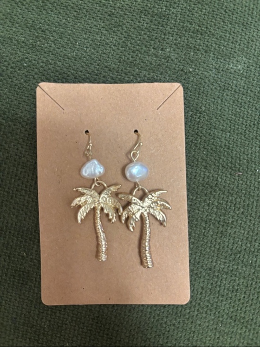 Chico's Gold Palm Tree Drop Earrings with White Pearl